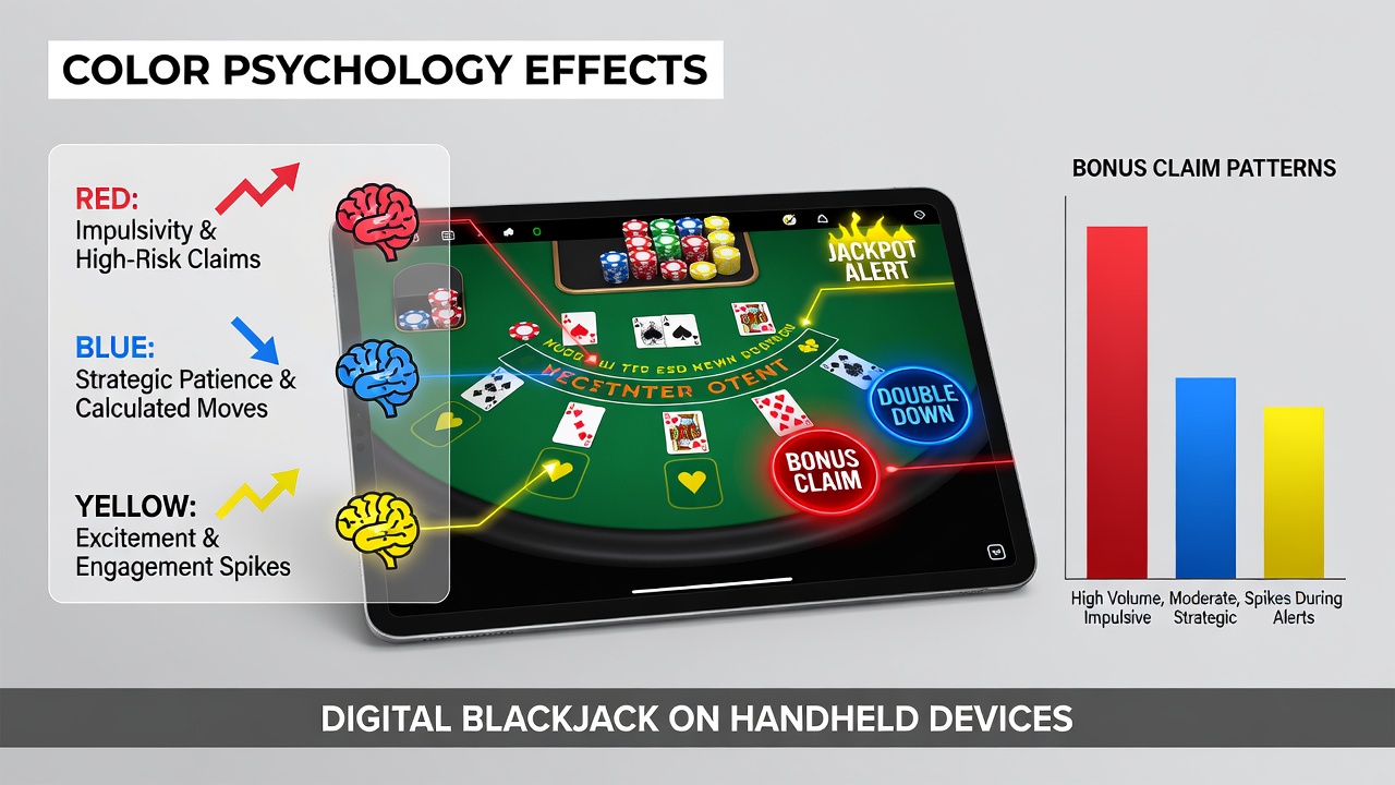 Mobile blackjack interface displaying color-coded bonus prompts on a handheld screen