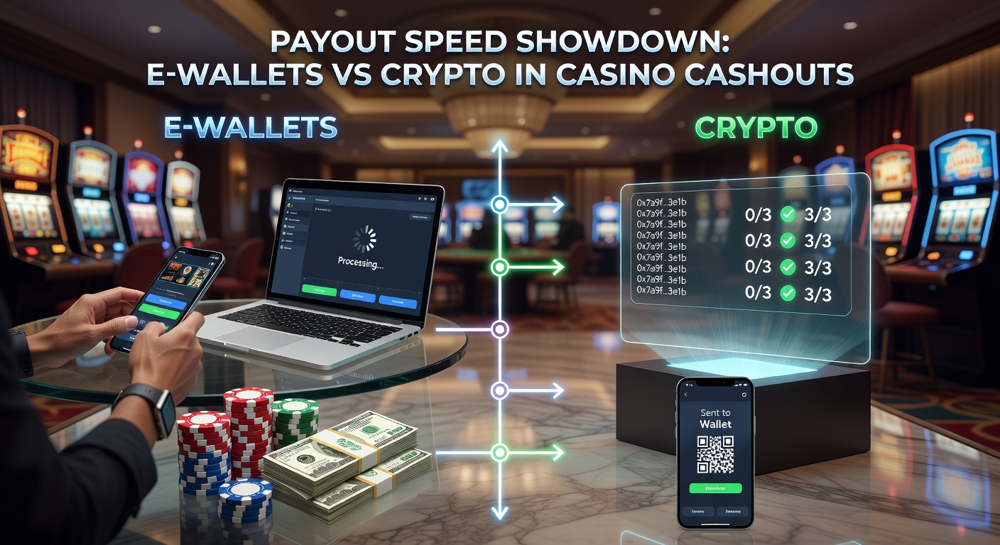 A split-screen comparison chart showing timelines for e-wallet and crypto withdrawals, with clocks ticking faster for crypto under low congestion and e-wallets holding steady in regulated flows