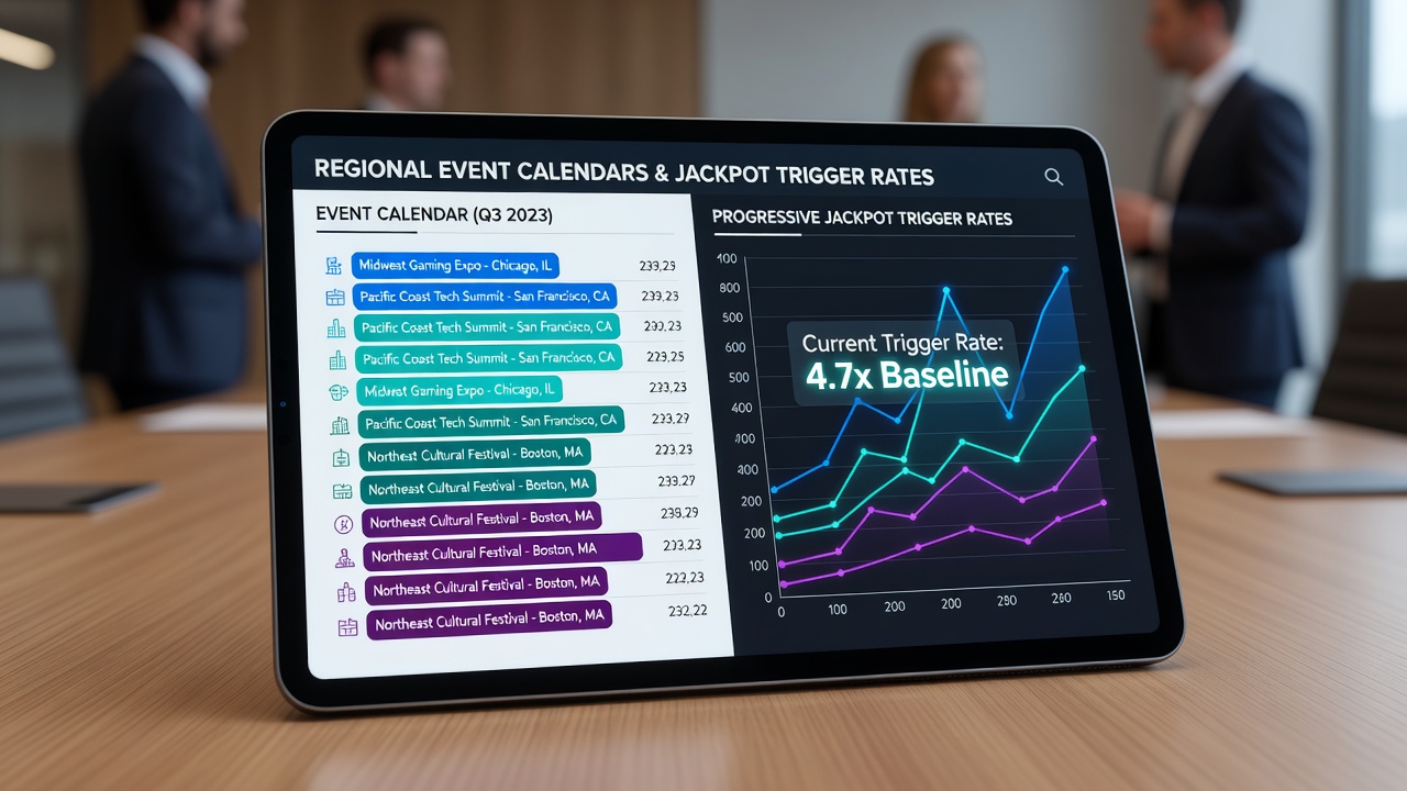 Tablet screen displaying progressive jackpot meter during a regional festival period