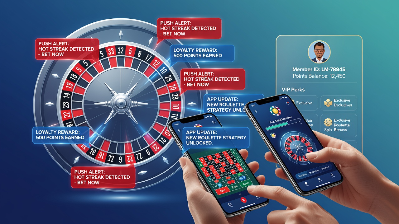 Mobile app interface showing push alert timing patterns next to roulette wheel selections on a portable device