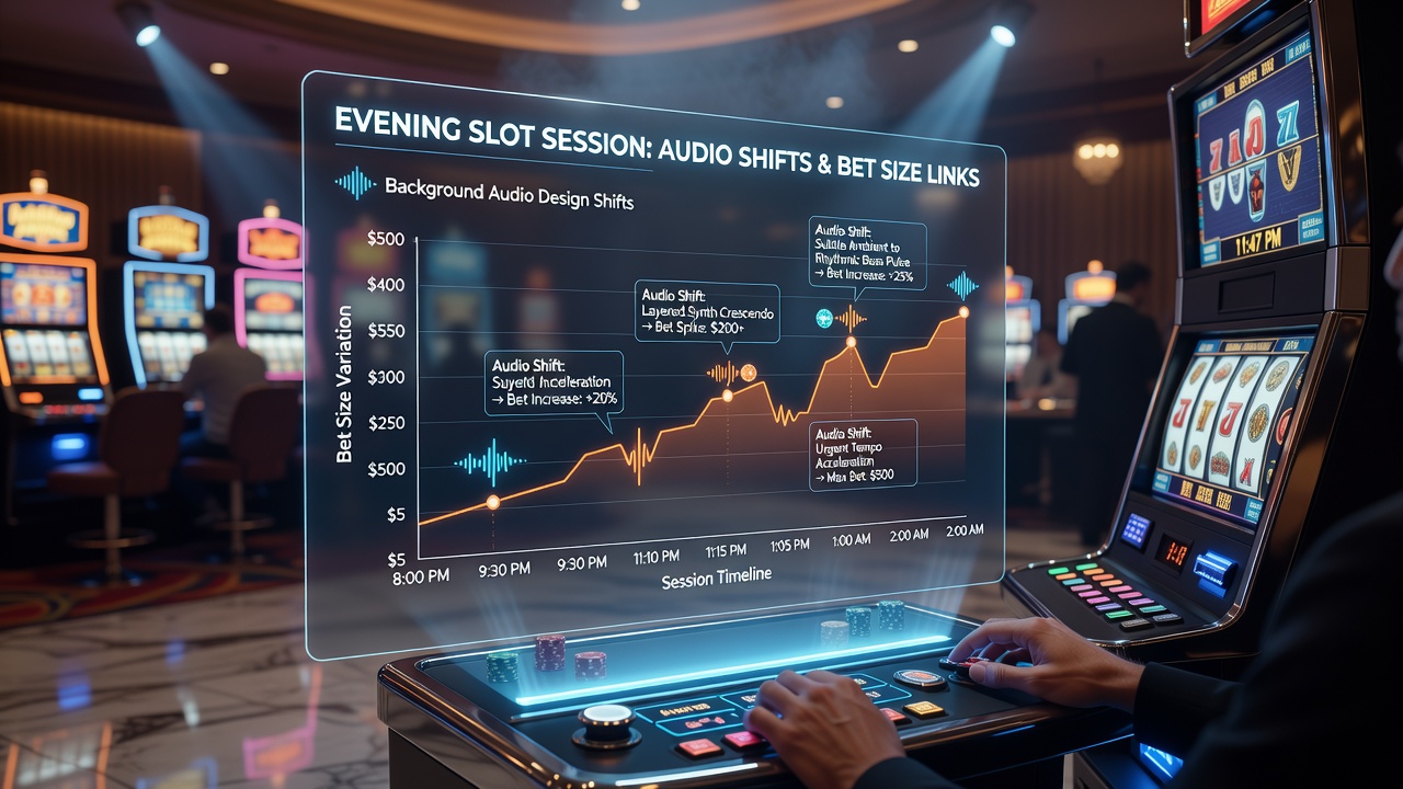 Evening tablet gaming setup with visible slot reels and audio waveform overlay indicating dynamic background design