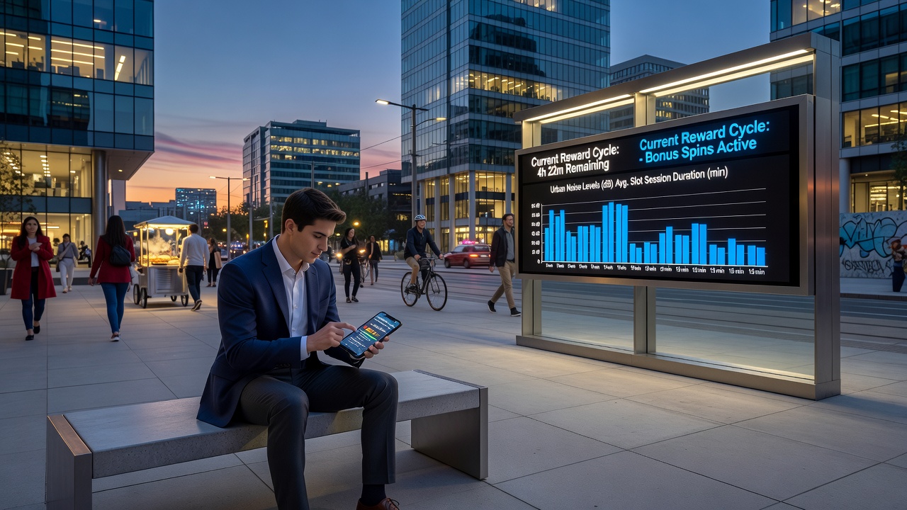 Smartphone screen showing slot game during evening urban commute with sound wave patterns